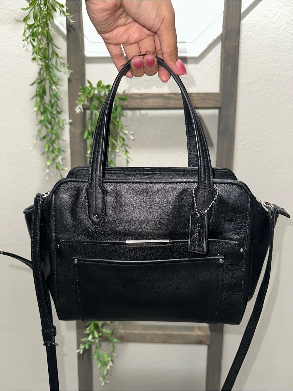 Coach Black Leather Structured Shoulder Bag with Crossbody Strap